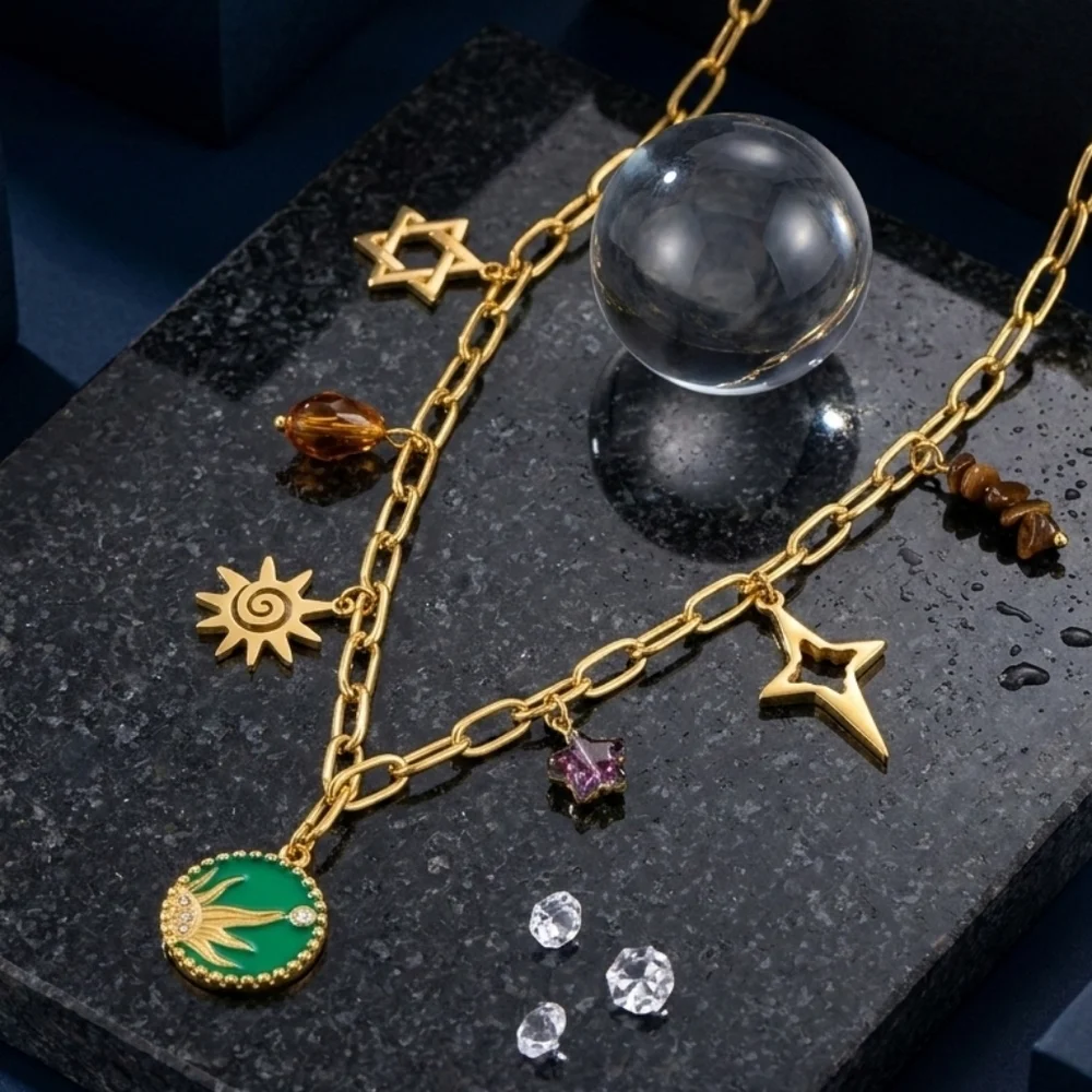 18K Gold Plated Boho Celestial Sun Star Charm Necklace 316L Stainless Steel